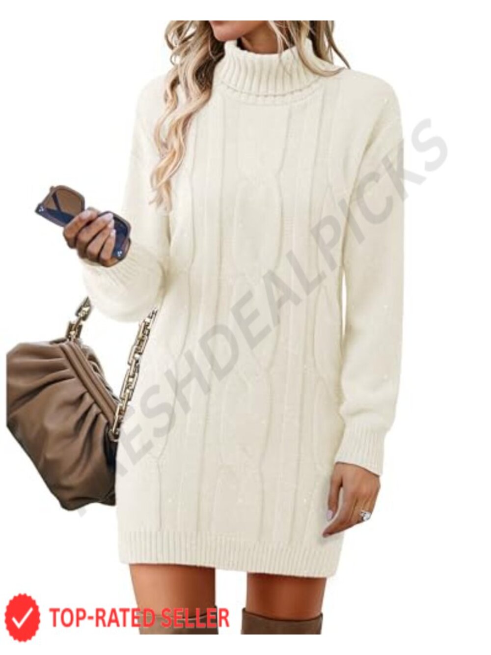 Ribbed Knit Turtleneck Sweater Dress Long Sleeve Stretchy Midi Casual